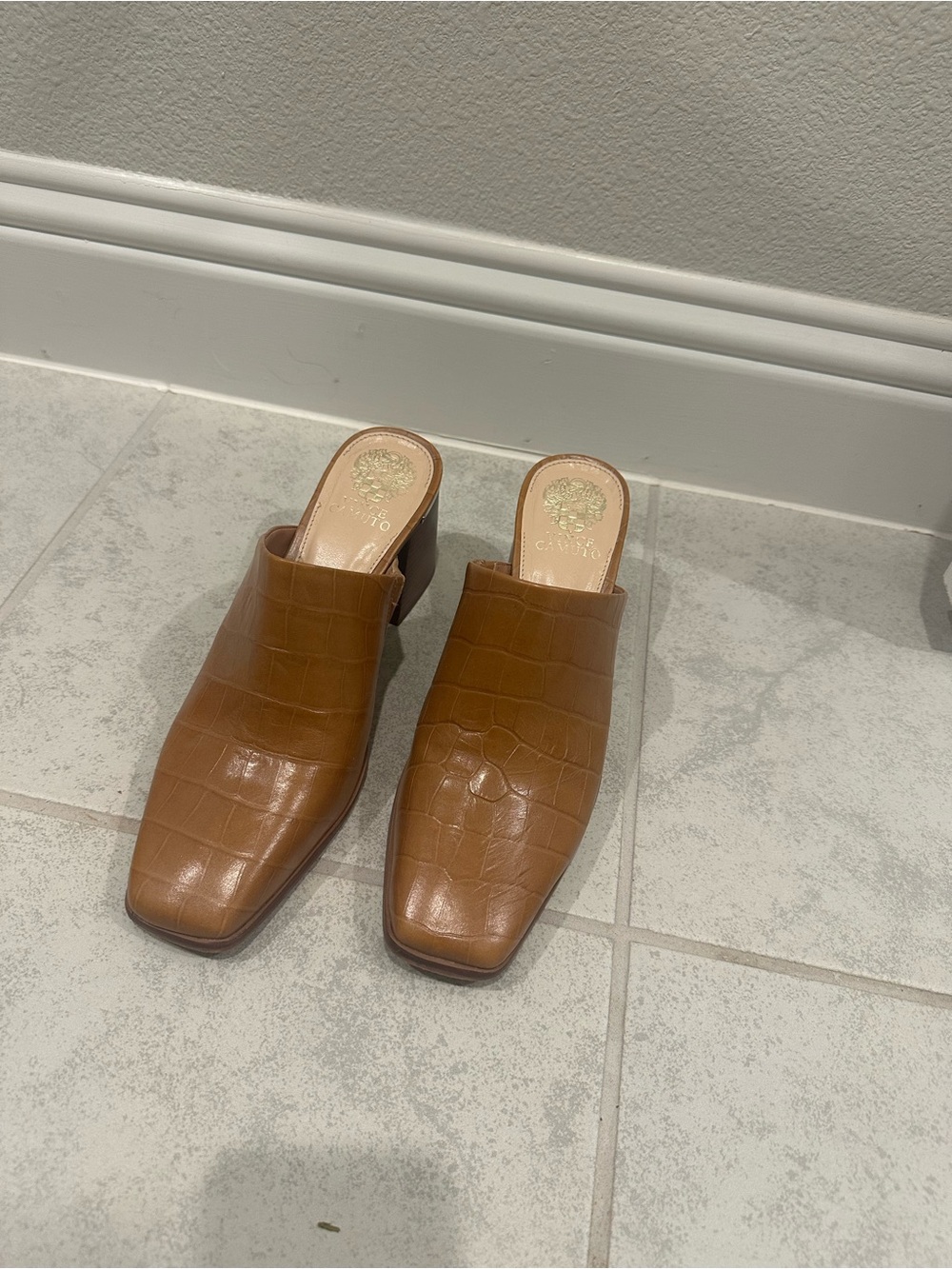 Vince Camuto Tan Croc-Embossed Leather Mules